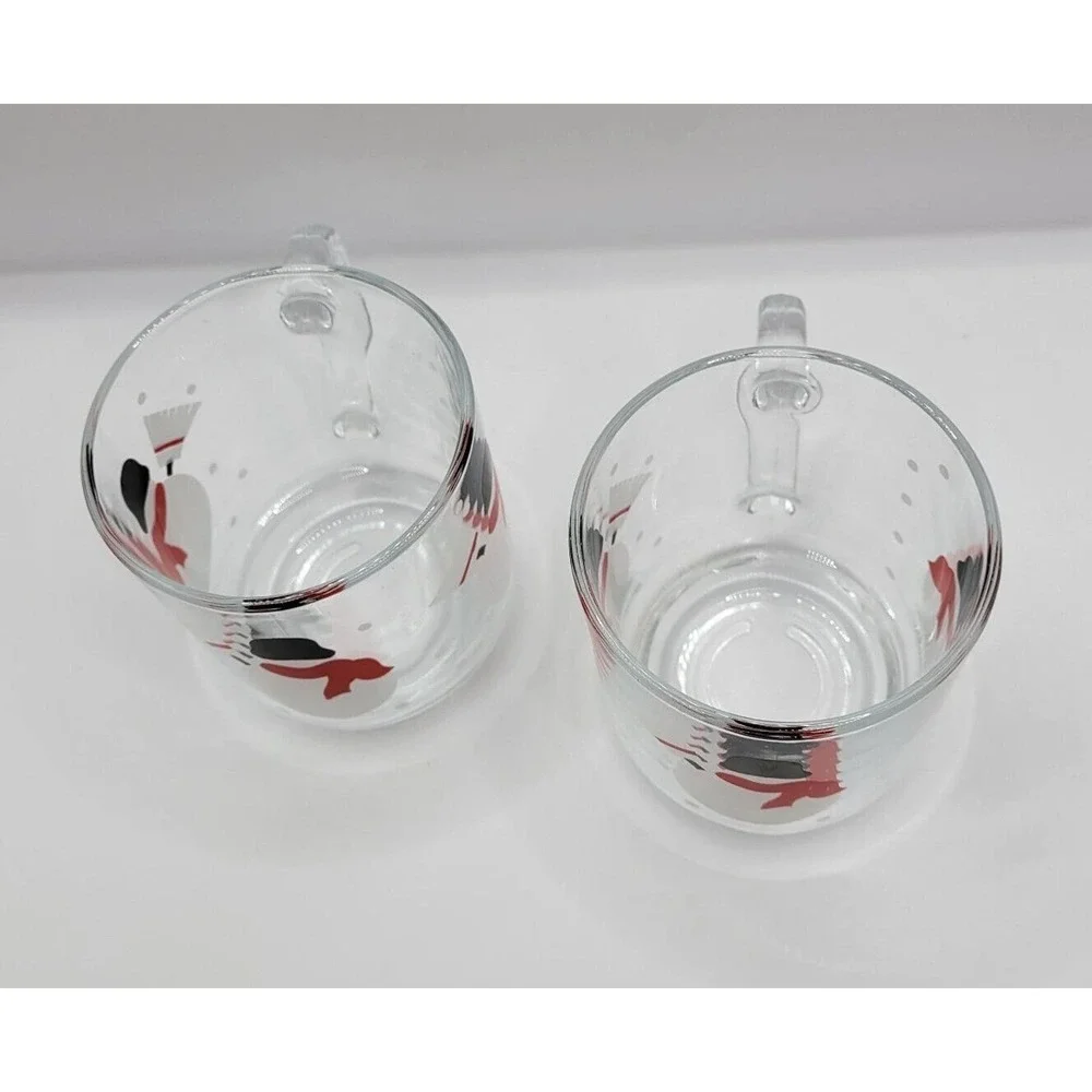 Pair Of 2 Crate & Barrel Luminarc Snowman Snowflakes 10 Oz Glass Coffee Tea Mugs